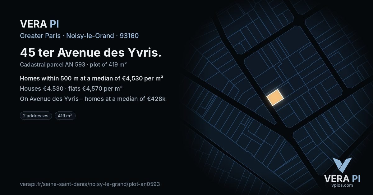 45 ter Avenue des Yvris, Noisy-le-Grand at night – the plot lit, the parcels around coloured by the prices near them