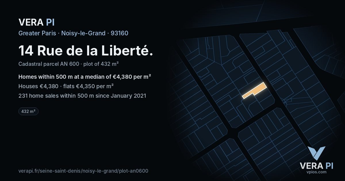 14 Rue de la Liberté, Noisy-le-Grand at night – the plot lit, the parcels around coloured by the prices near them