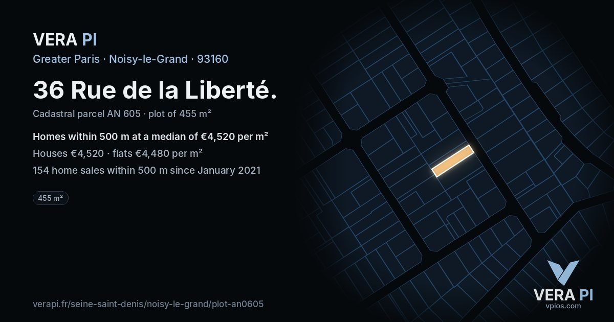 36 Rue de la Liberté, Noisy-le-Grand at night – the plot lit, the parcels around coloured by the prices near them