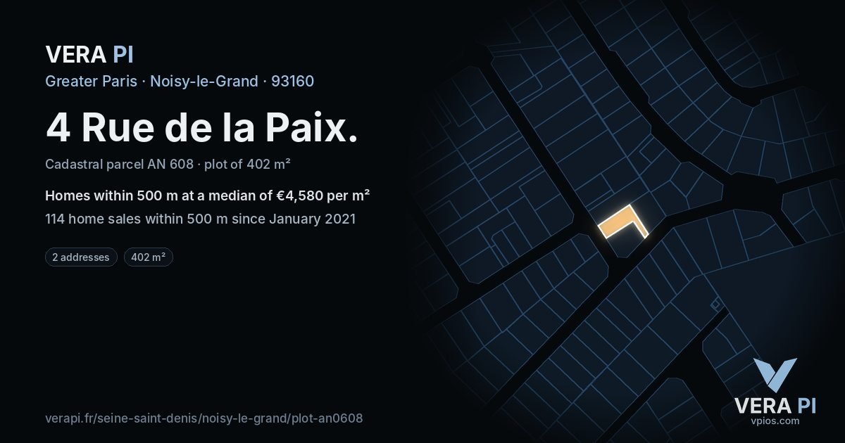 4 Rue de la Paix, Noisy-le-Grand at night – the plot lit, the parcels around coloured by the prices near them