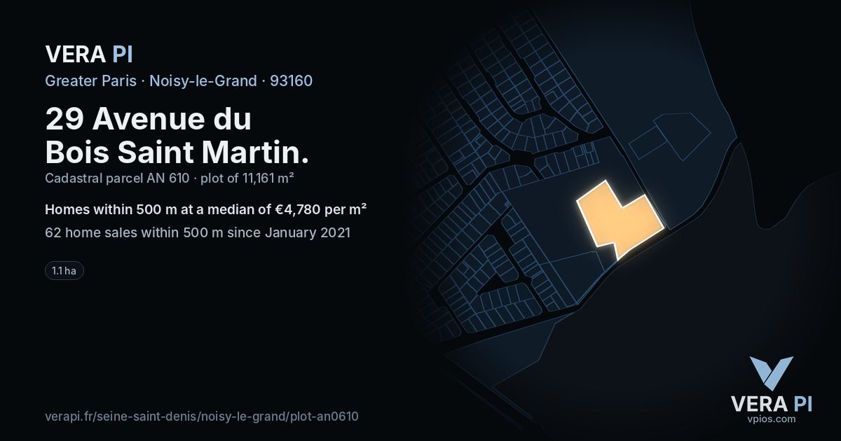 29 Avenue du Bois Saint Martin, Noisy-le-Grand at night – the plot lit, the parcels around coloured by the prices near them