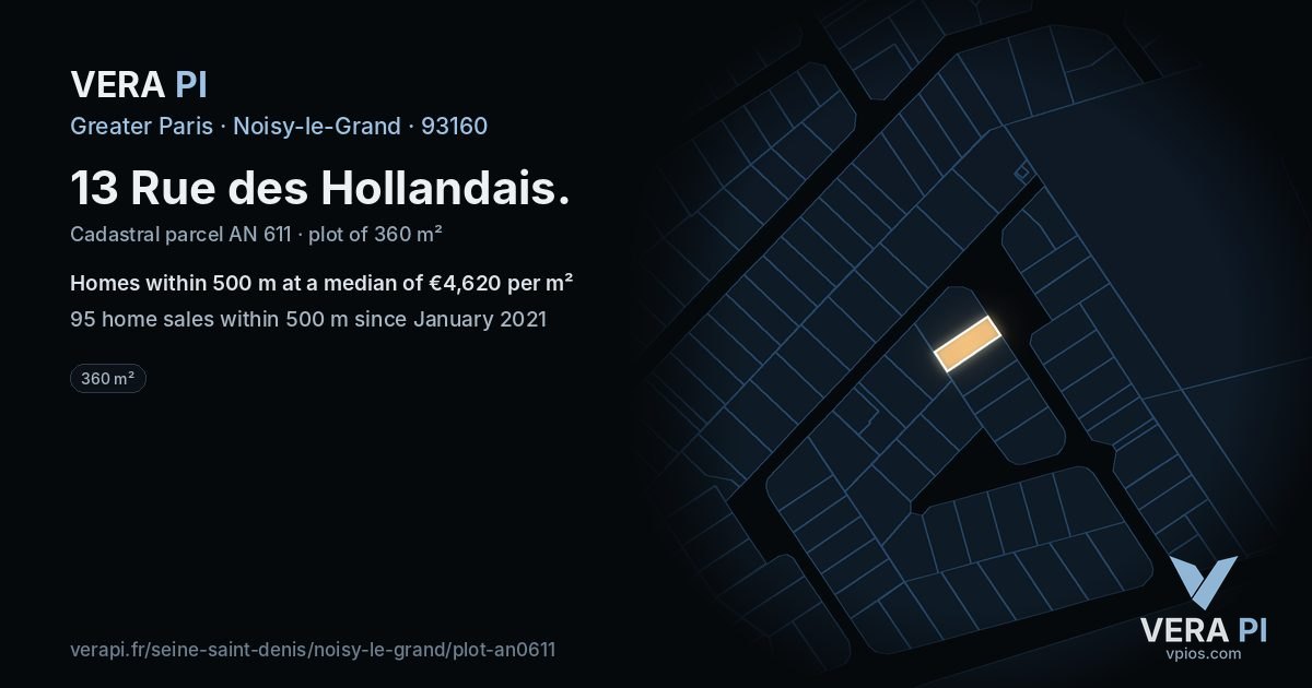 13 Rue des Hollandais, Noisy-le-Grand at night – the plot lit, the parcels around coloured by the prices near them