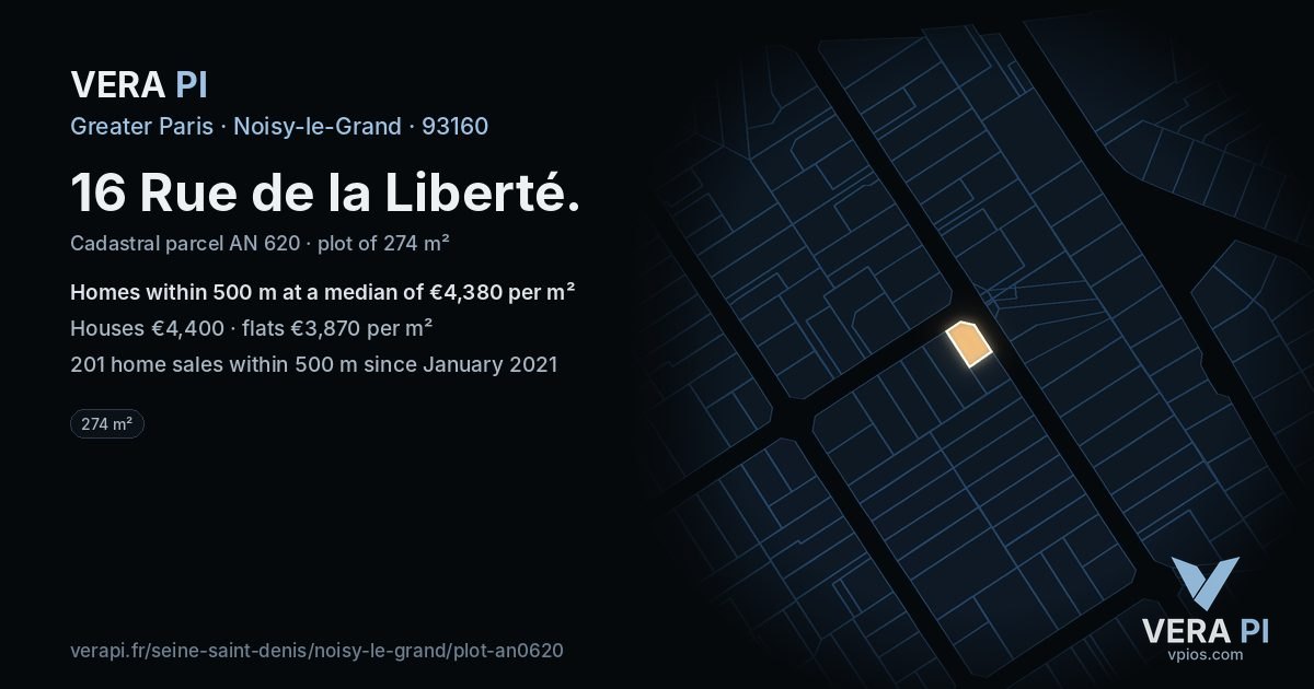 16 Rue de la Liberté, Noisy-le-Grand at night – the plot lit, the parcels around coloured by the prices near them