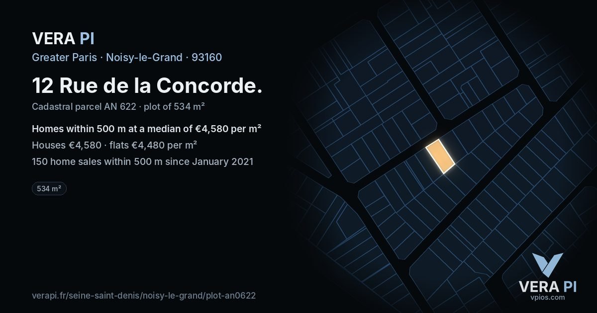 12 Rue de la Concorde, Noisy-le-Grand at night – the plot lit, the parcels around coloured by the prices near them
