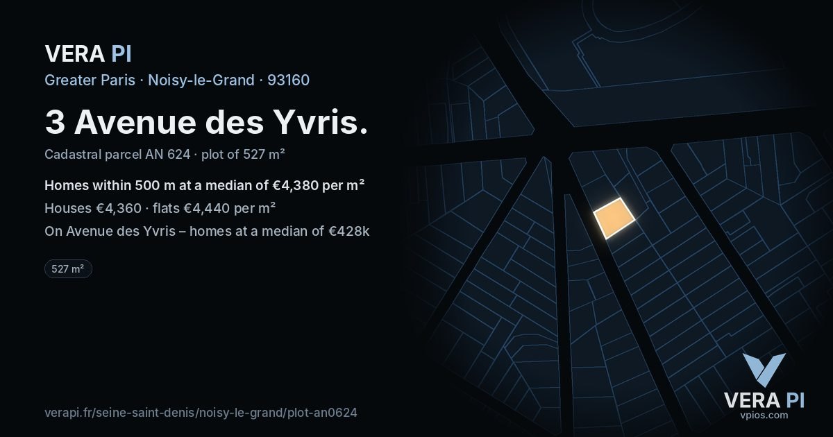3 Avenue des Yvris, Noisy-le-Grand at night – the plot lit, the parcels around coloured by the prices near them