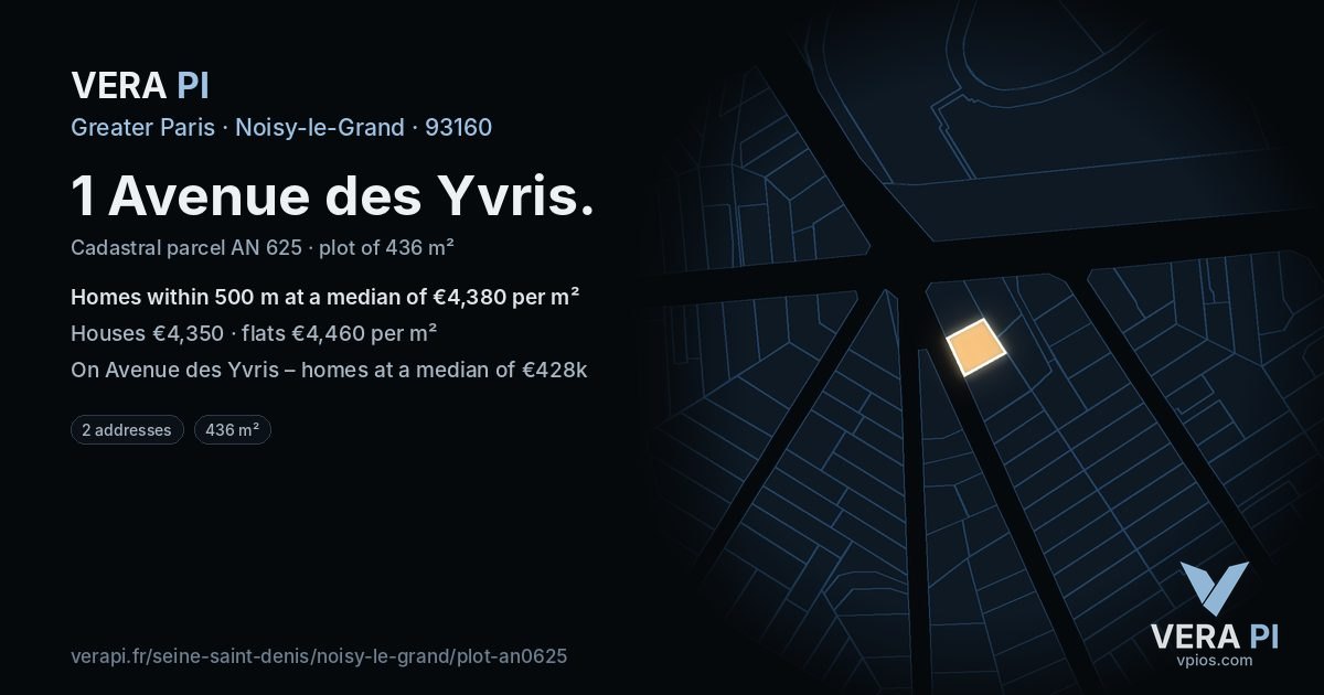 1 Avenue des Yvris, Noisy-le-Grand at night – the plot lit, the parcels around coloured by the prices near them
