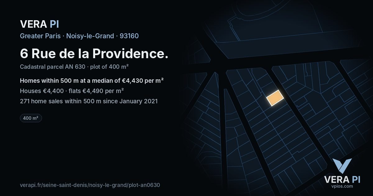 6 Rue de la Providence, Noisy-le-Grand at night – the plot lit, the parcels around coloured by the prices near them
