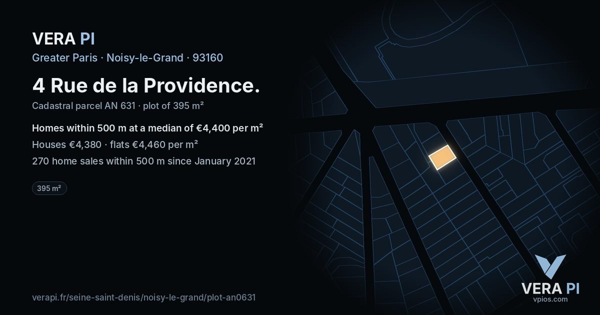 4 Rue de la Providence, Noisy-le-Grand at night – the plot lit, the parcels around coloured by the prices near them