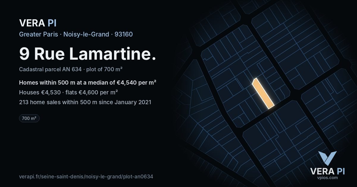 9 Rue Lamartine, Noisy-le-Grand at night – the plot lit, the parcels around coloured by the prices near them