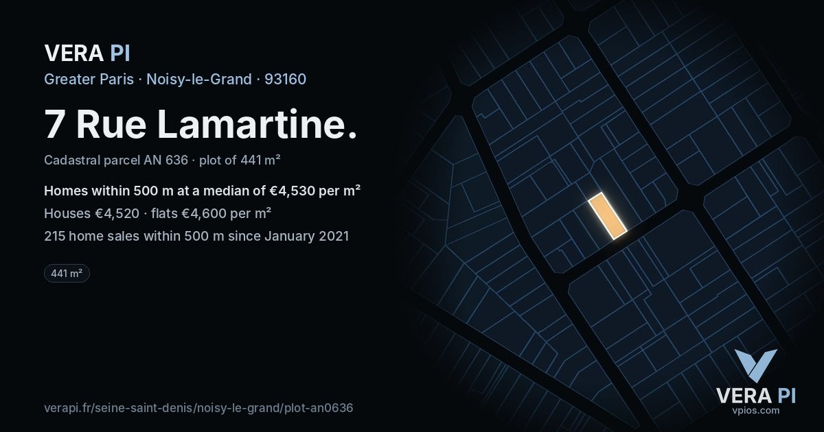7 Rue Lamartine, Noisy-le-Grand at night – the plot lit, the parcels around coloured by the prices near them