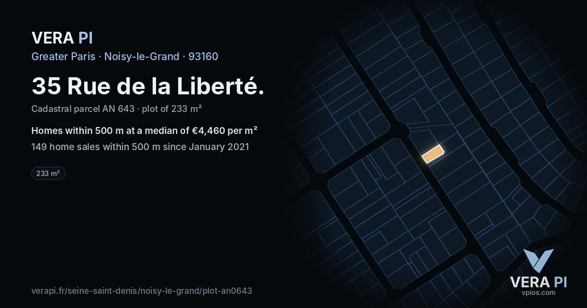 35 Rue de la Liberté, Noisy-le-Grand at night – the plot lit, the parcels around coloured by the prices near them
