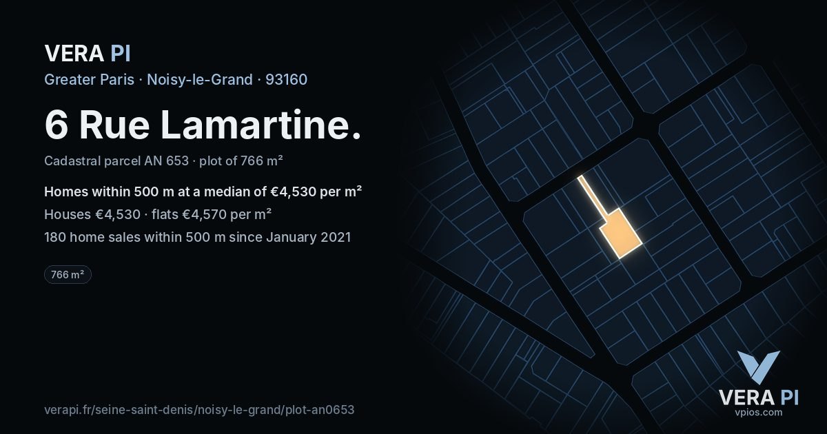 6 Rue Lamartine, Noisy-le-Grand at night – the plot lit, the parcels around coloured by the prices near them