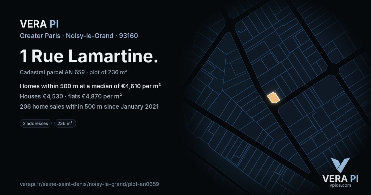 1 Rue Lamartine, Noisy-le-Grand at night – the plot lit, the parcels around coloured by the prices near them