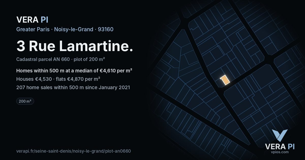 3 Rue Lamartine, Noisy-le-Grand at night – the plot lit, the parcels around coloured by the prices near them