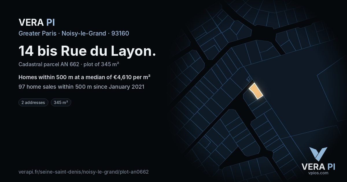 14 bis Rue du Layon, Noisy-le-Grand at night – the plot lit, the parcels around coloured by the prices near them