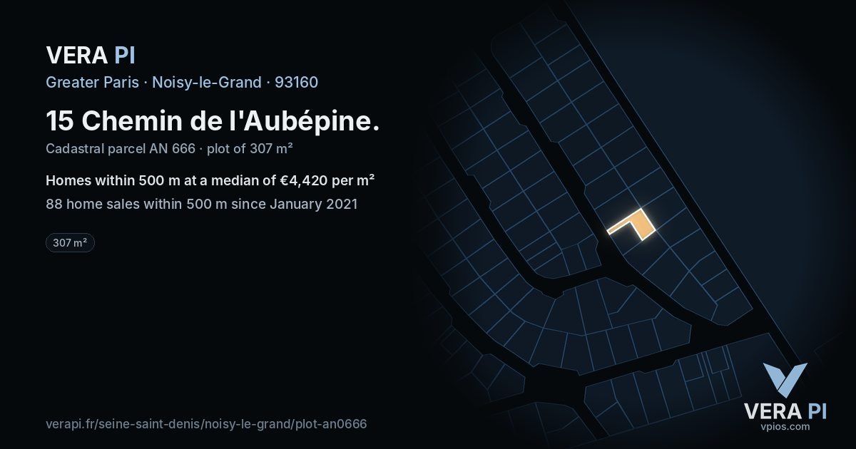 15 Chemin de l'Aubépine, Noisy-le-Grand at night – the plot lit, the parcels around coloured by the prices near them