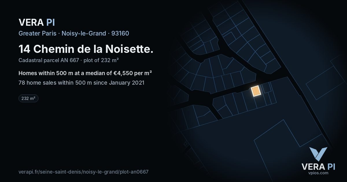 14 Chemin de la Noisette, Noisy-le-Grand at night – the plot lit, the parcels around coloured by the prices near them