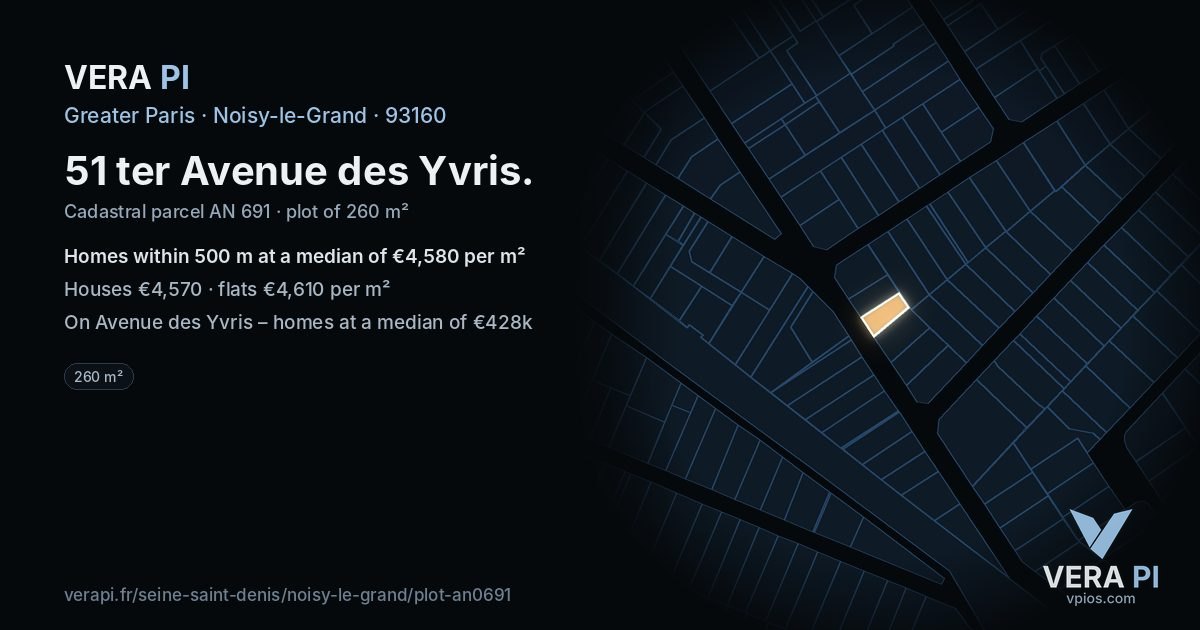 51 ter Avenue des Yvris, Noisy-le-Grand at night – the plot lit, the parcels around coloured by the prices near them