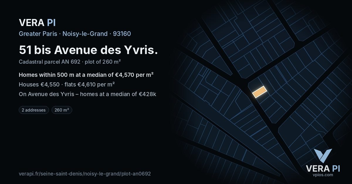 51 bis Avenue des Yvris, Noisy-le-Grand at night – the plot lit, the parcels around coloured by the prices near them