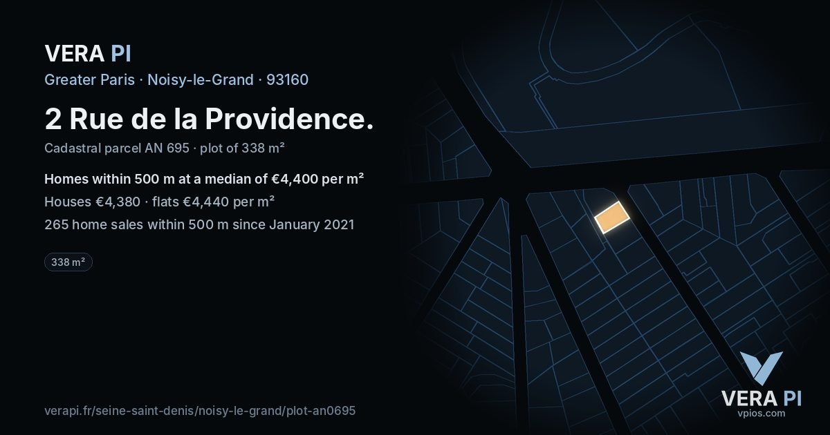 2 Rue de la Providence, Noisy-le-Grand at night – the plot lit, the parcels around coloured by the prices near them