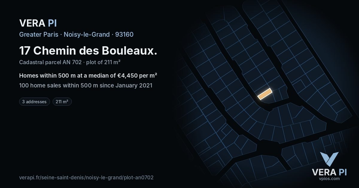 17 Chemin des Bouleaux, Noisy-le-Grand at night – the plot lit, the parcels around coloured by the prices near them