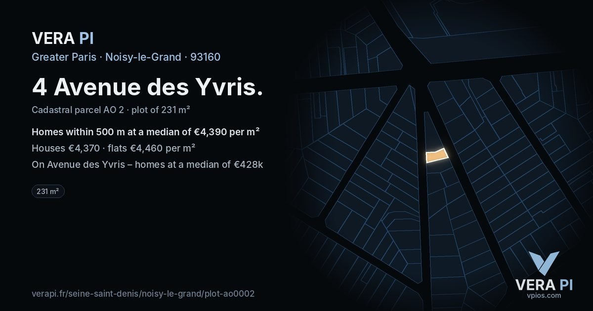 4 Avenue des Yvris, Noisy-le-Grand at night – the plot lit, the parcels around coloured by the prices near them