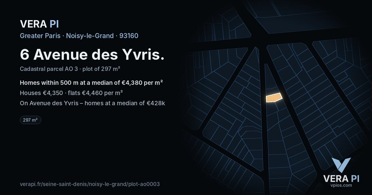 6 Avenue des Yvris, Noisy-le-Grand at night – the plot lit, the parcels around coloured by the prices near them