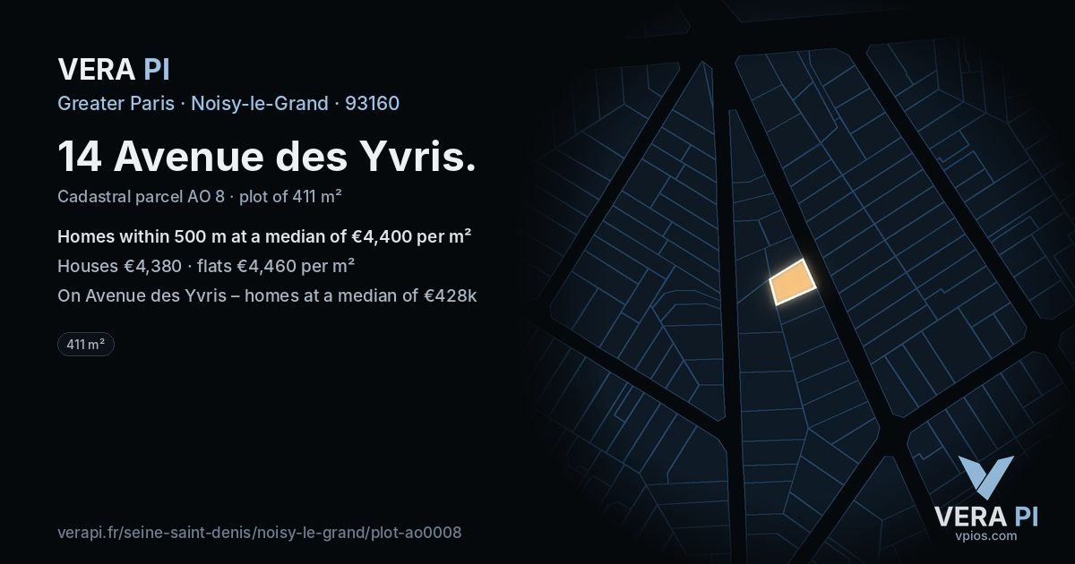 14 Avenue des Yvris, Noisy-le-Grand at night – the plot lit, the parcels around coloured by the prices near them