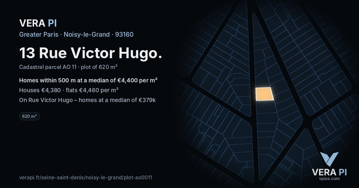 13 Rue Victor Hugo, Noisy-le-Grand at night – the plot lit, the parcels around coloured by the prices near them