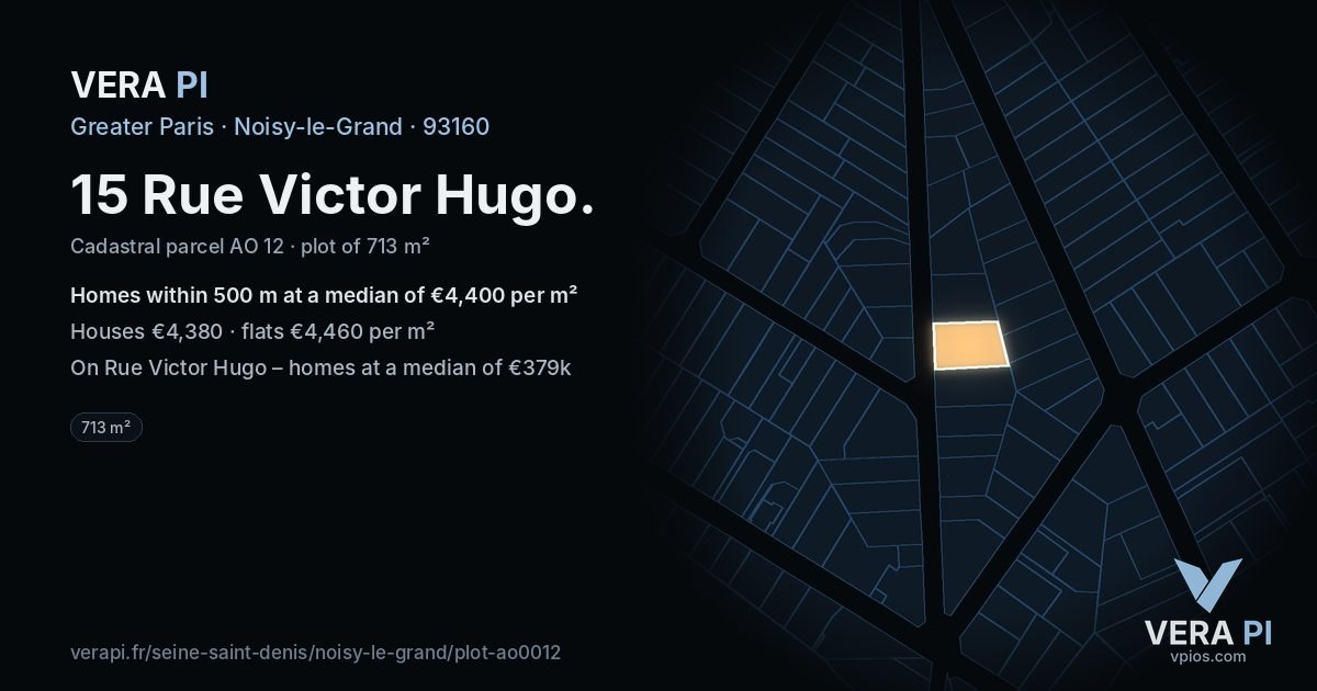15 Rue Victor Hugo, Noisy-le-Grand at night – the plot lit, the parcels around coloured by the prices near them