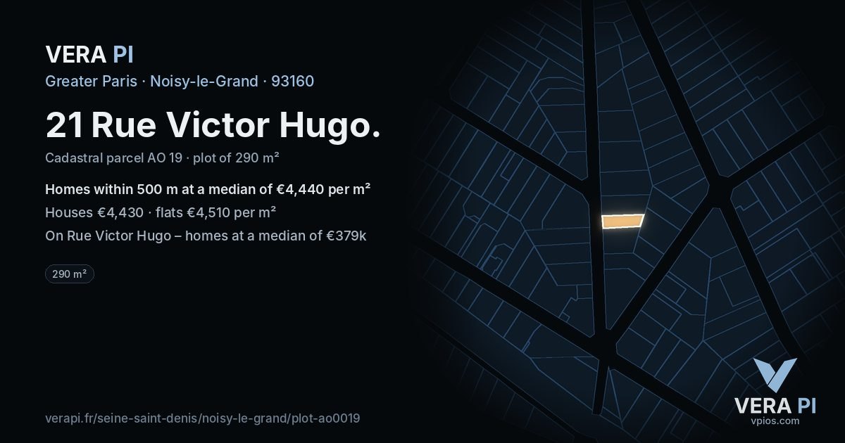 21 Rue Victor Hugo, Noisy-le-Grand at night – the plot lit, the parcels around coloured by the prices near them