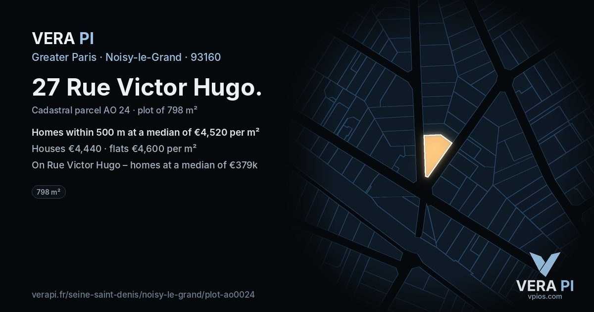 27 Rue Victor Hugo, Noisy-le-Grand at night – the plot lit, the parcels around coloured by the prices near them