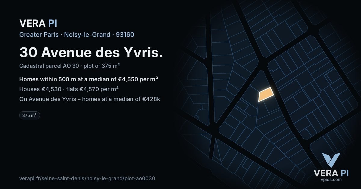 30 Avenue des Yvris, Noisy-le-Grand at night – the plot lit, the parcels around coloured by the prices near them