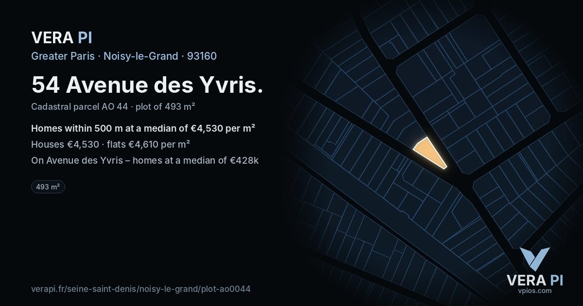 54 Avenue des Yvris, Noisy-le-Grand at night – the plot lit, the parcels around coloured by the prices near them