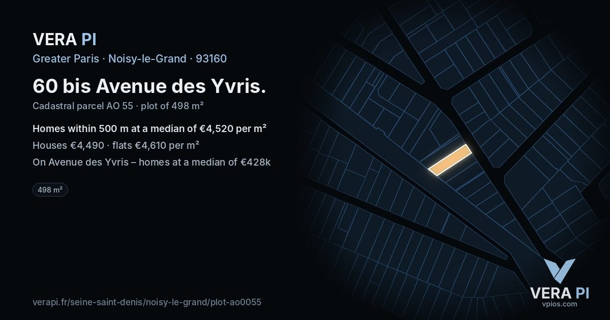 60 bis Avenue des Yvris, Noisy-le-Grand at night – the plot lit, the parcels around coloured by the prices near them