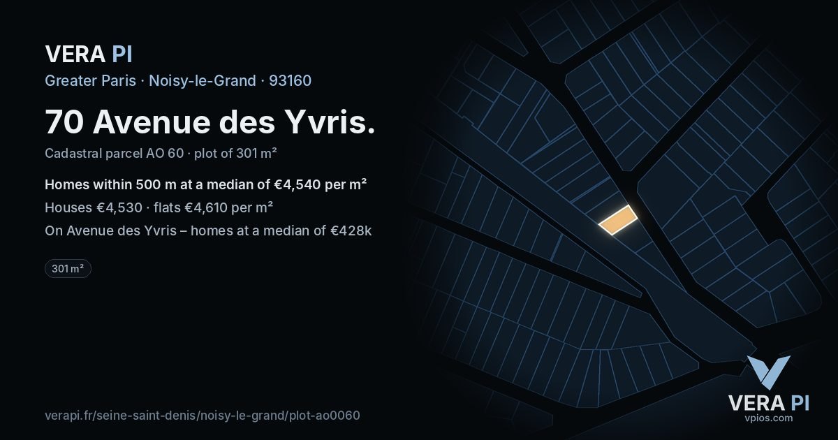 70 Avenue des Yvris, Noisy-le-Grand at night – the plot lit, the parcels around coloured by the prices near them