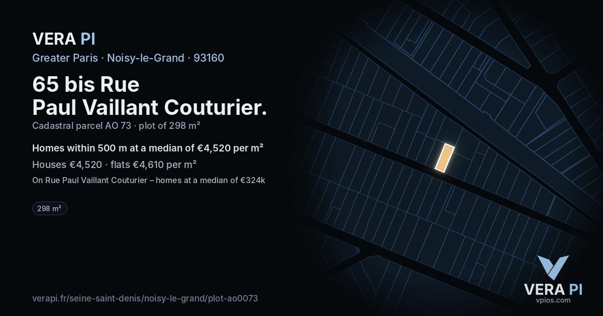 65 bis Rue Paul Vaillant Couturier, Noisy-le-Grand at night – the plot lit, the parcels around coloured by the prices near them