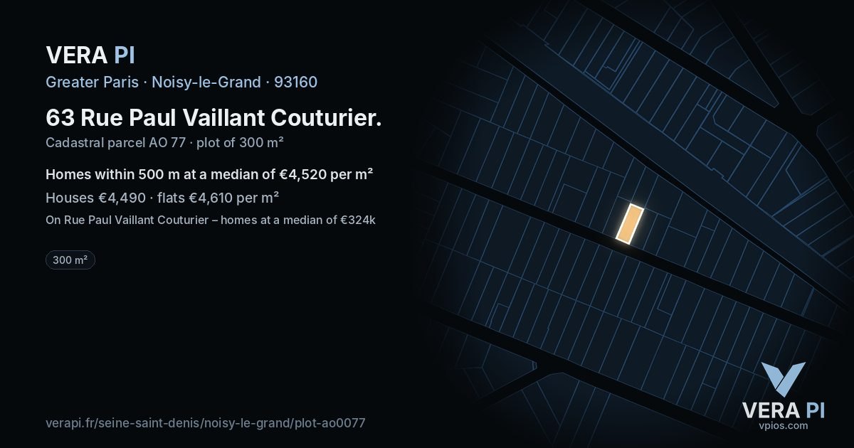 63 Rue Paul Vaillant Couturier, Noisy-le-Grand at night – the plot lit, the parcels around coloured by the prices near them