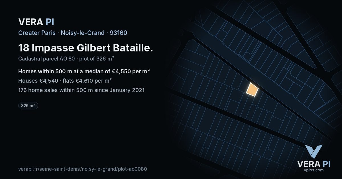 18 Impasse Gilbert Bataille, Noisy-le-Grand at night – the plot lit, the parcels around coloured by the prices near them