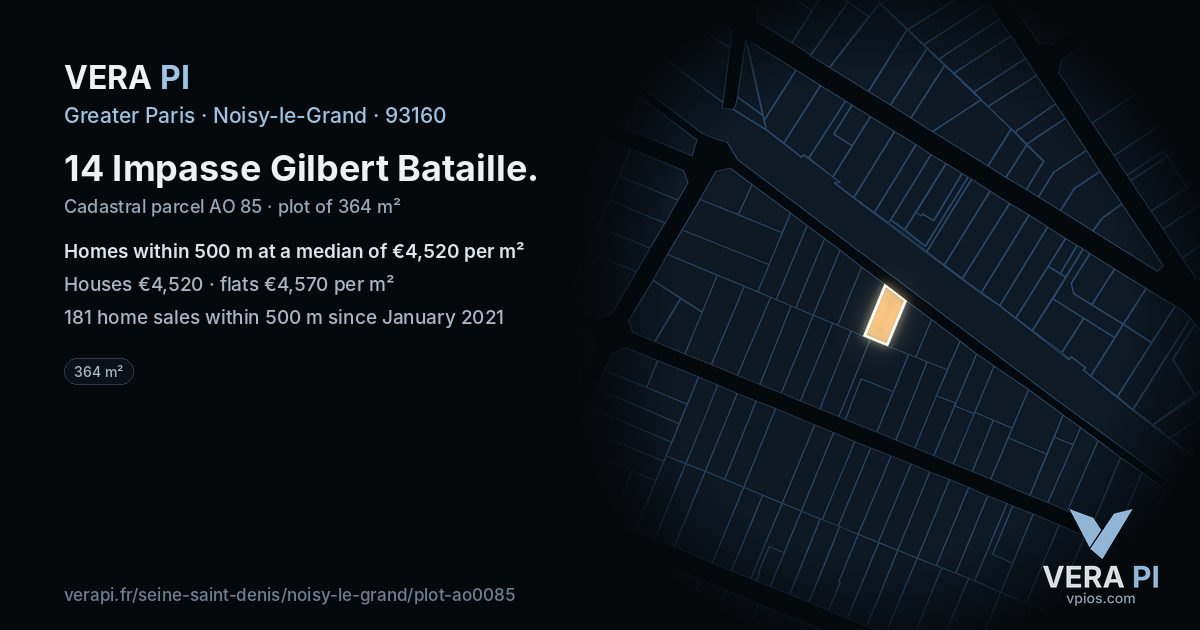 14 Impasse Gilbert Bataille, Noisy-le-Grand at night – the plot lit, the parcels around coloured by the prices near them