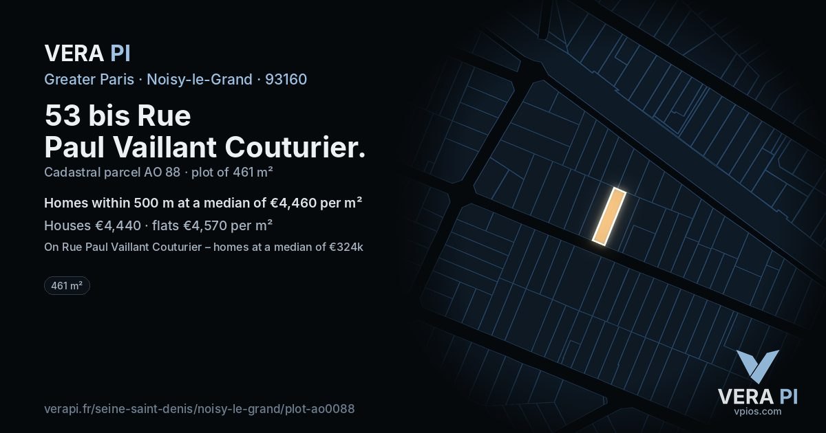 53 bis Rue Paul Vaillant Couturier, Noisy-le-Grand at night – the plot lit, the parcels around coloured by the prices near them