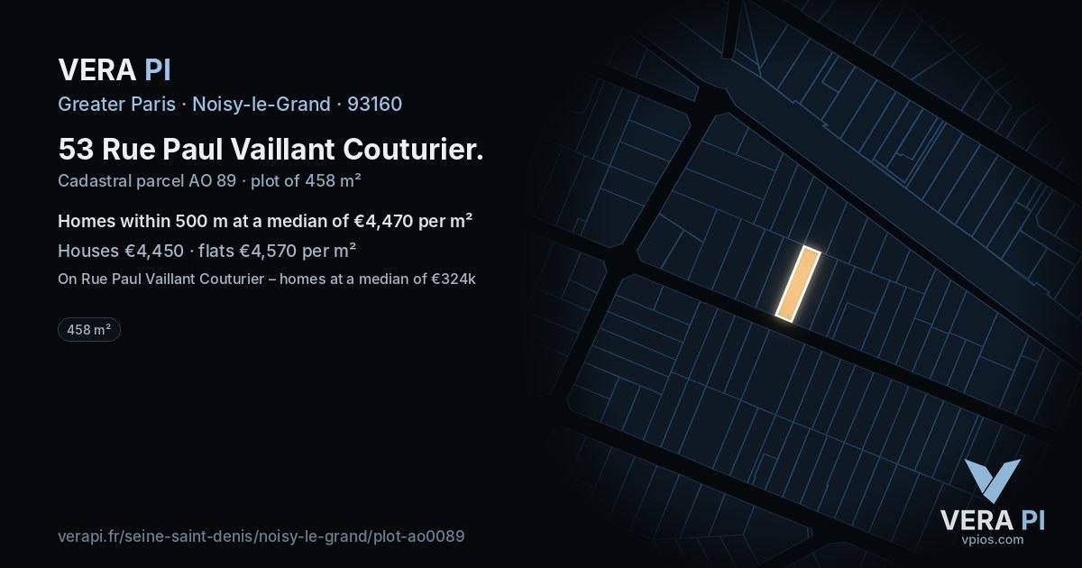 53 Rue Paul Vaillant Couturier, Noisy-le-Grand at night – the plot lit, the parcels around coloured by the prices near them