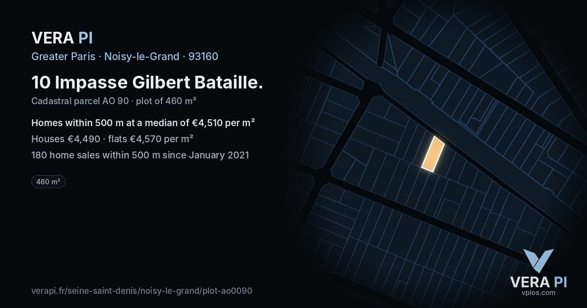 10 Impasse Gilbert Bataille, Noisy-le-Grand at night – the plot lit, the parcels around coloured by the prices near them