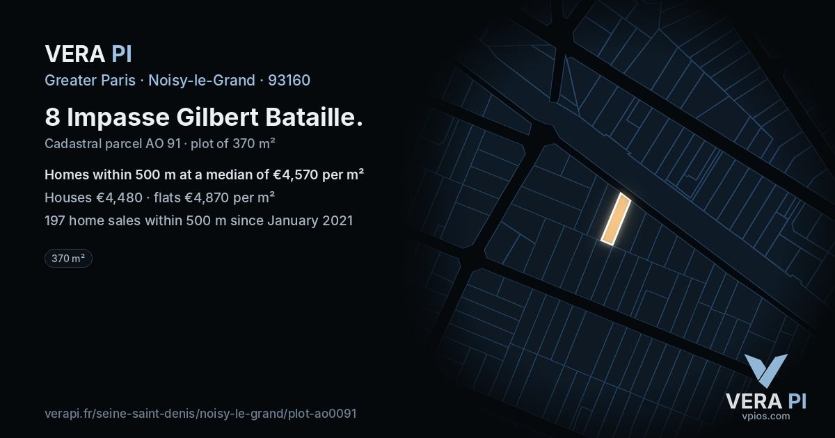 8 Impasse Gilbert Bataille, Noisy-le-Grand at night – the plot lit, the parcels around coloured by the prices near them
