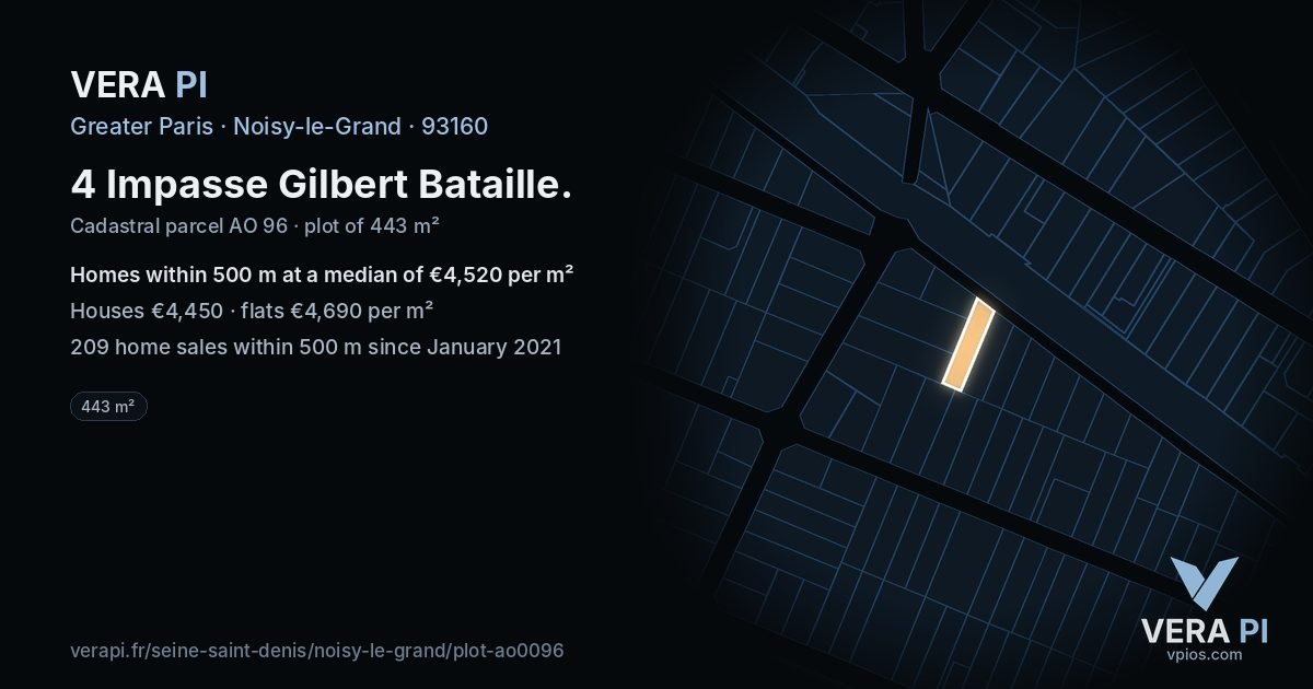 4 Impasse Gilbert Bataille, Noisy-le-Grand at night – the plot lit, the parcels around coloured by the prices near them