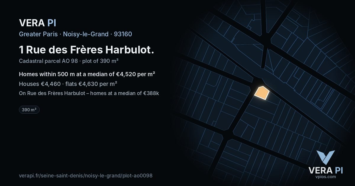 1 Rue des Frères Harbulot, Noisy-le-Grand at night – the plot lit, the parcels around coloured by the prices near them