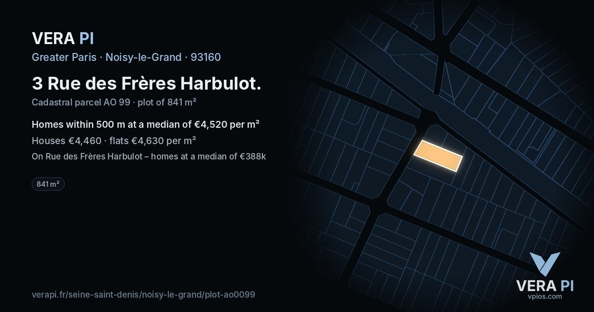 3 Rue des Frères Harbulot, Noisy-le-Grand at night – the plot lit, the parcels around coloured by the prices near them