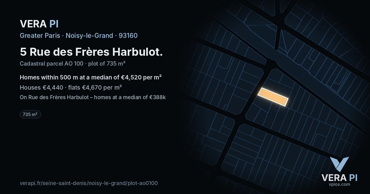 5 Rue des Frères Harbulot, Noisy-le-Grand at night – the plot lit, the parcels around coloured by the prices near them