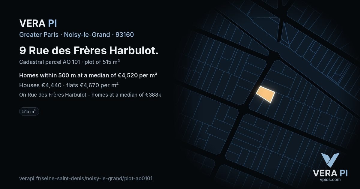 9 Rue des Frères Harbulot, Noisy-le-Grand at night – the plot lit, the parcels around coloured by the prices near them