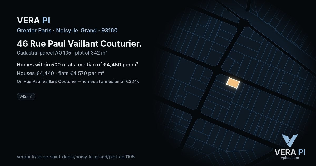 46 Rue Paul Vaillant Couturier, Noisy-le-Grand at night – the plot lit, the parcels around coloured by the prices near them